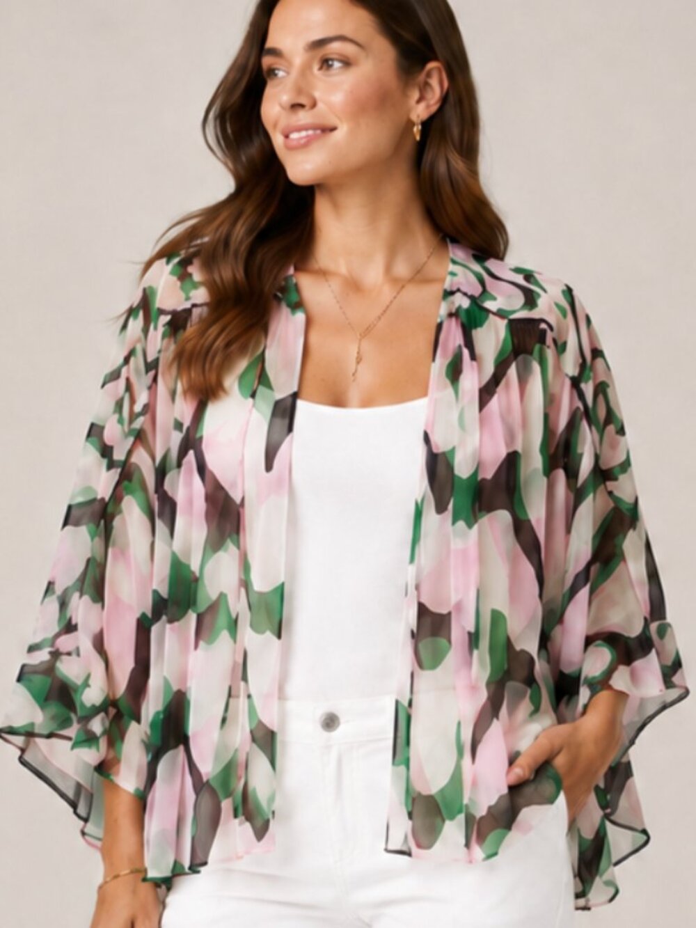Reiss Pink Green Abstract Open Kimono Cover-Up Flowy Multicolor Size 2